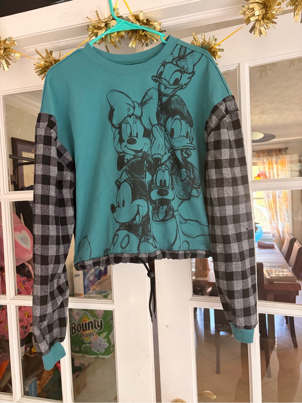 Disney Teal Crewneck Sweatshirt UPCYCLE with Black and Gray Plaid Sleeves